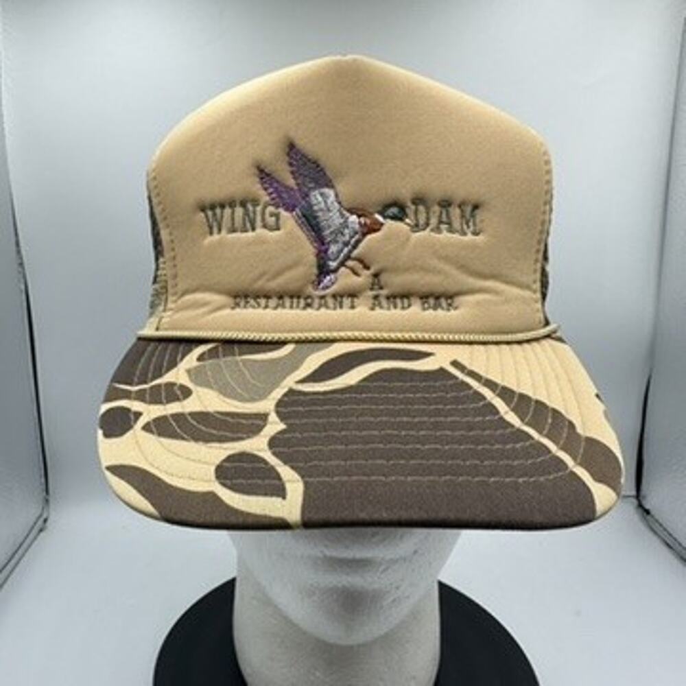 Vintage Wing Dam Restaurant & Bar Camo Mesh Trucker Hat Nissin Cap Hunting
